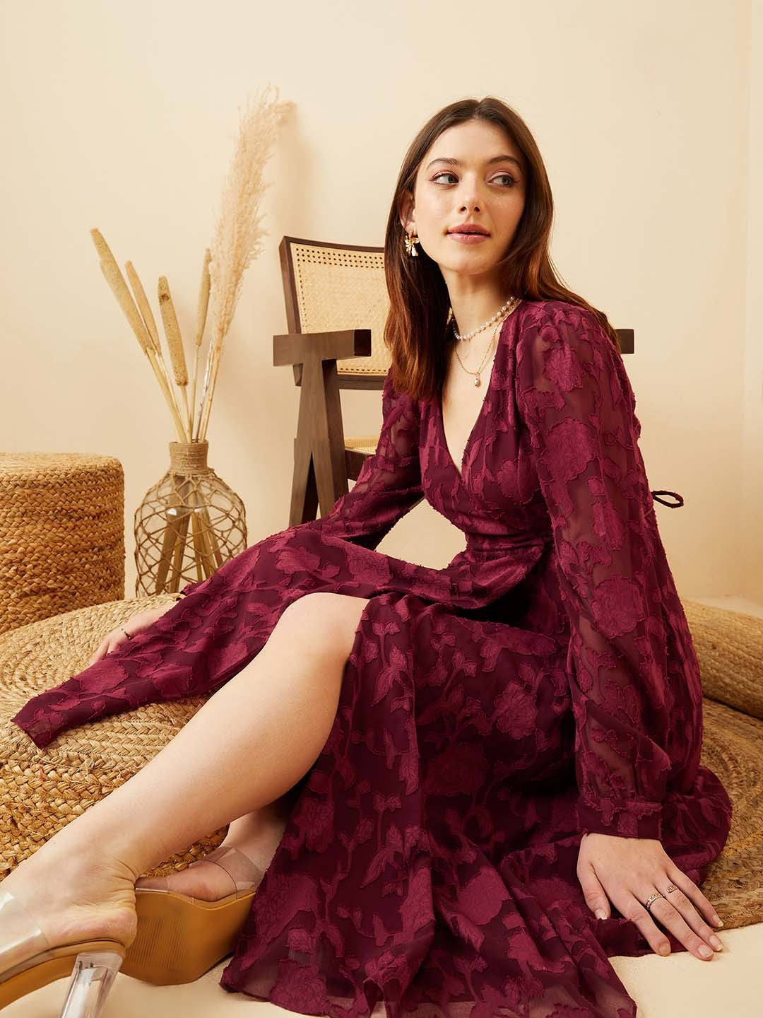 Maroon Premium Designer Dress – Party Edit